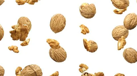 Walnuts are falling into space. isolated on white background. Illustrazione stock