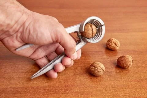 Walnuts are split with a nutcracker. Kitchen appliances for work in the kit.. Stockfoto's