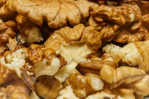 Walnuts arranged on a surface showing their inner and outer shell details i.. Stock Photos
