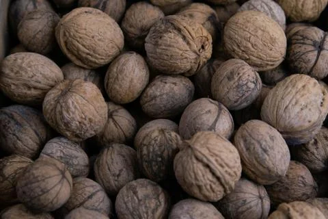 Walnuts background. Walnuts texture. Group walnuts on wooden background. Heal Stock Photos