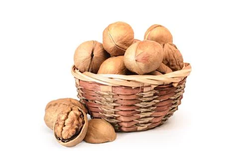 Walnuts in a basket on a white background with soft shadow Stock Photos