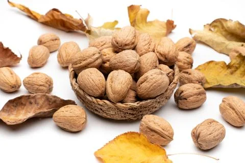 Walnuts in basket on white background surrounded by dry leaves Stock Photos