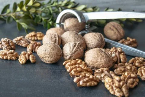 Walnuts on a black background, walnut kernels. Healthy food from walnut. Stock Photos