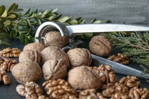 Walnuts on a black background, walnut kernels. Healthy food from walnut. Stock Photos