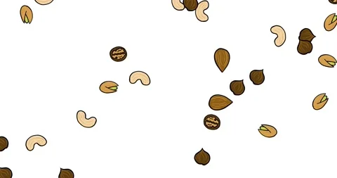 Walnuts, cashew nuts, pistachios, hazelnuts and almonds falling down on white Stock Footage 213940236