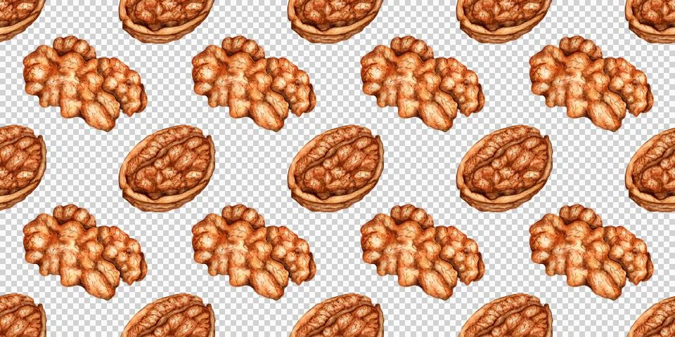 Walnuts chopped and kernels pattern watercolor Illustrazione stock