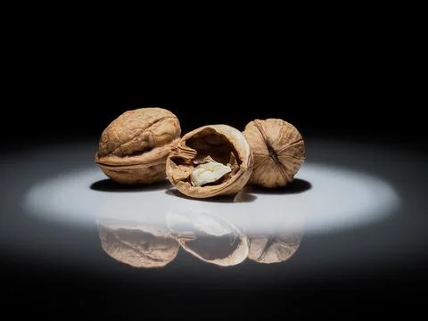 Walnuts in a circle of white light on a black background with reflection in.. Stock Photos