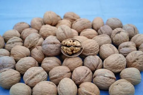 Walnuts close-up on a blue background, horizontal photo. Stock Photos