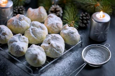 Walnuts Cookie sprinkled with powdered Sugar Stock Photos