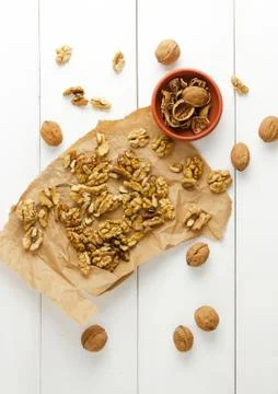 Walnuts core, nutshell and walnuts Stock Photos