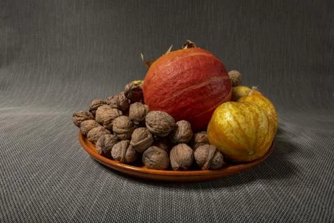 Walnuts Cucumbers and Pumpkins. Stock Photos
