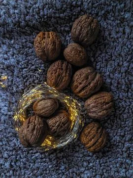 Walnuts with Festive String Lights on Dark Background, Cozy Holiday Decoration Stock Photos