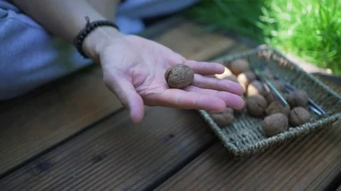 Walnuts in hands. Healthy peeled nuts. male hand picking a walnut Video stock 246661166