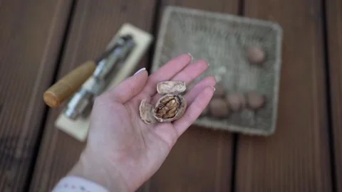 Walnuts in hands. Healthy peeled nuts. Female hand picking a walnut Video stock 246661306