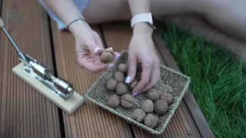 Walnuts in hands. Healthy peeled nuts. Female hand picking a walnut Video stock 246661734