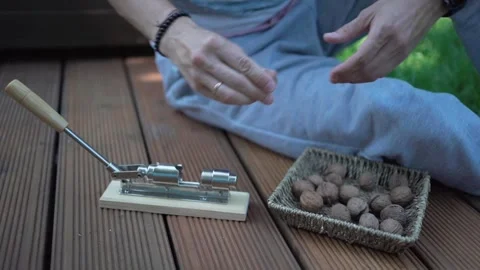 Walnuts in hands. Healthy peeled nuts. male hand cracking and picking a walnut Stock Footage 246661816