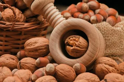 Walnuts, hazelnuts and cracker Stock Photos