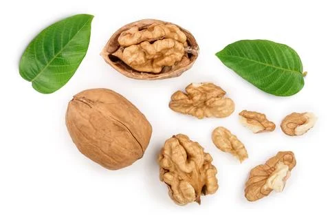 Walnuts isolated on white background. Top view. Flat lay Stock Photos