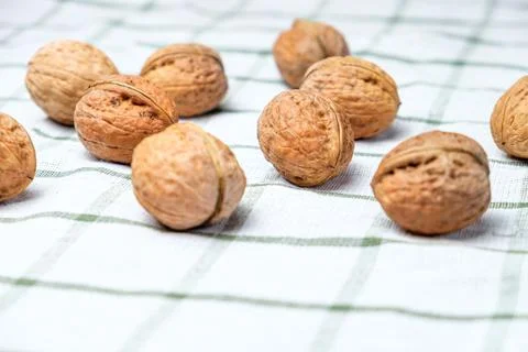 Walnuts isolated on a white towel.Space for text Stock Photos