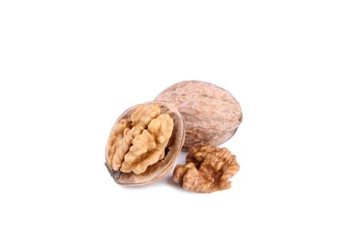 Walnuts kernels isolated on white background, close up Stock Photos
