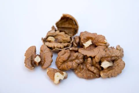 Walnuts kernels on white background. Healthy food. Foto stock