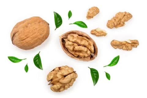 Walnuts with leaf isolated on white background. Top view. Flat lay 스톡 사진