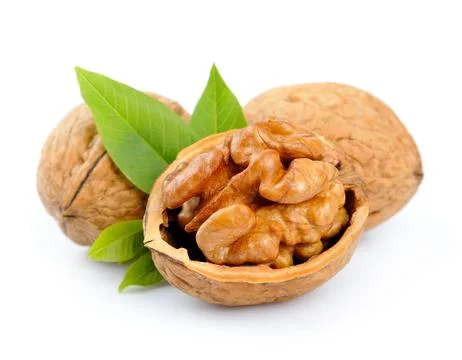 Walnuts with leafs Stock Photos