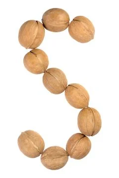 Walnuts lined in the shape of the letter "S" isolated on white Stock Photos
