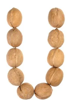 Walnuts lined in the shape of the letter "U" isolated on white Stock Photos