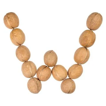Walnuts lined in the shape of the letter "W" isolated on white Stock Photos