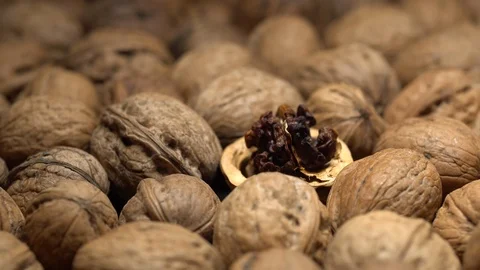 Walnuts in nutshell. Rotation. Closeup. Stock Footage 99371254