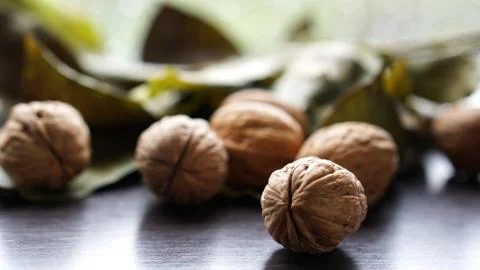 Walnuts in nutshells on blurred tree leaf background Stock Photos