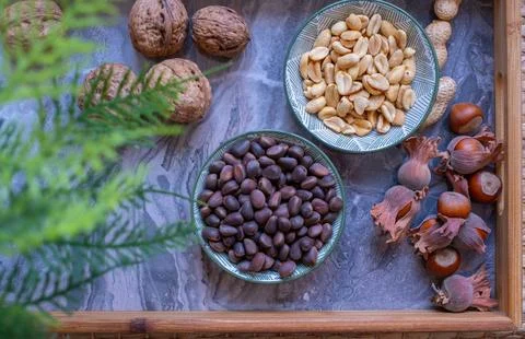 Walnuts, peanuts, hazelnut, pine nuts. Healthy super food Stock Photos