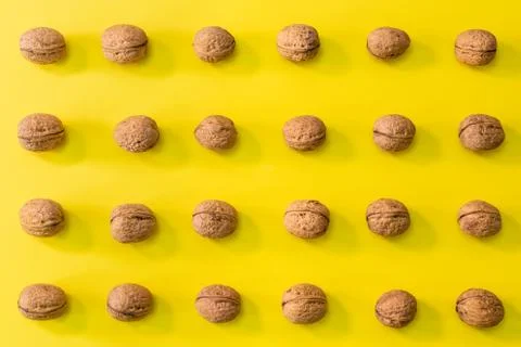 Walnuts in rows, pattern of walnuts on a bright bold yellow background Stock Photos