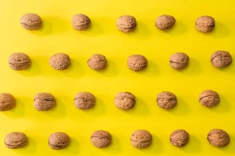 Walnuts in rows, pattern of walnuts on a bright bold yellow background Stock Photos