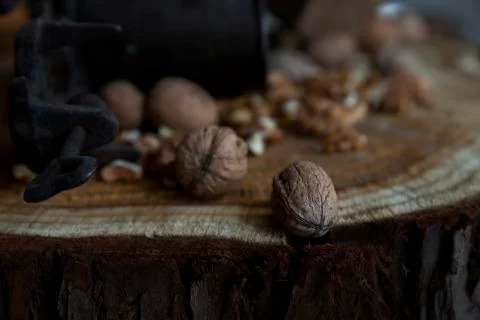 Walnuts on Rustic Old Table with Vintage Hand Grinder Stock Photos