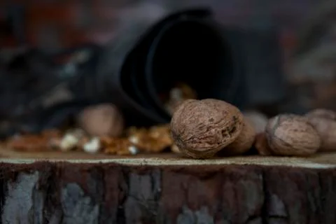 Walnuts on Rustic Old Table with Vintage Hand Grinder Stock Photos