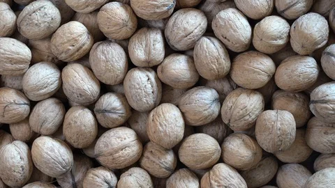 Walnuts in shell close up. Abstract walnuts heap pattern background, rotates Stock Footage 118376689