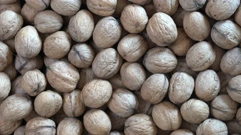 Walnuts in shell close up. Abstract walnuts heap pattern background, rotates Stock Footage 136868184