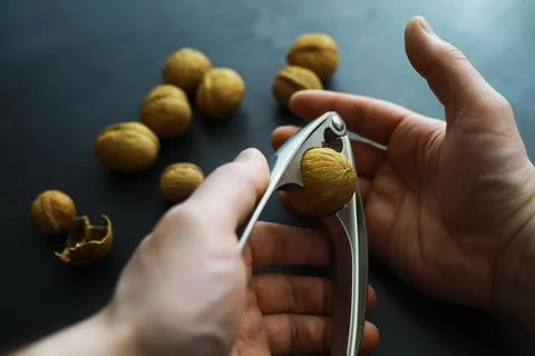 Walnuts in a shell on a gray background. Nutcracker and scattering of nuts. Foto stock