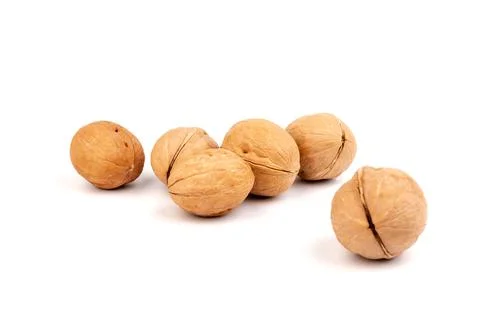 Walnuts in shells isolated on white background. Package design element with c Stock Photos