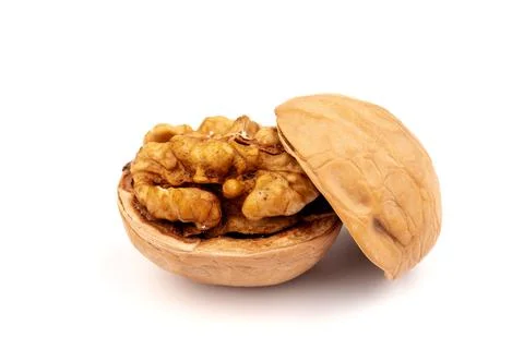 Walnuts in shells isolated on white background. Package design element with c Stock Photos