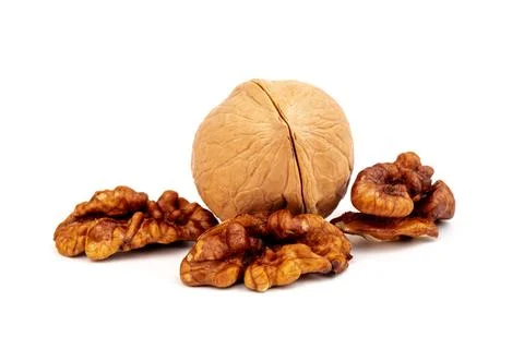 Walnuts in shells isolated on white background. Package design element with c Stock Photos