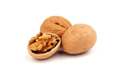 Walnuts in shells isolated on white background. Package design element with c Foto stock
