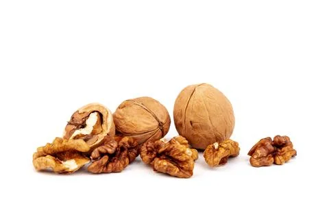 Walnuts in shells isolated on white background. Package design element with c Stock Photos