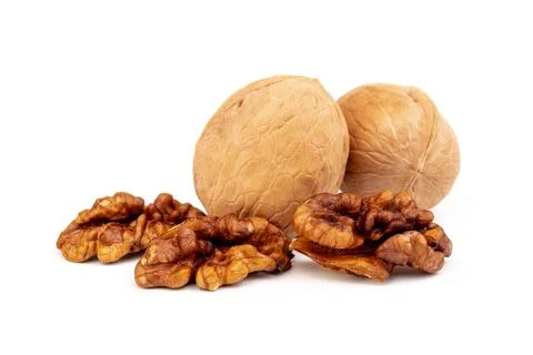 Walnuts in shells isolated on white background. Package design element with c Stock Photos
