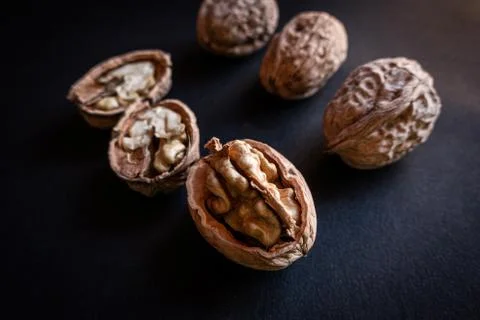 Walnuts, some without shell 스톡 사진