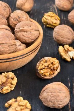 Walnuts on table Stock Photos