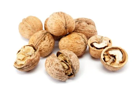 Walnuts on a white background. Stock Photos