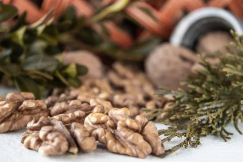 Walnuts on a white table, walnut kernels. Healthy food from walnut. Walnuts i Stock Photos